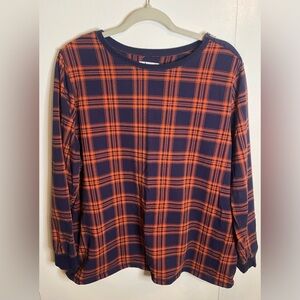 Women’s Denim & Co Blue and Orange Plaid Crewneck Top Shoulder Zipper accent XL